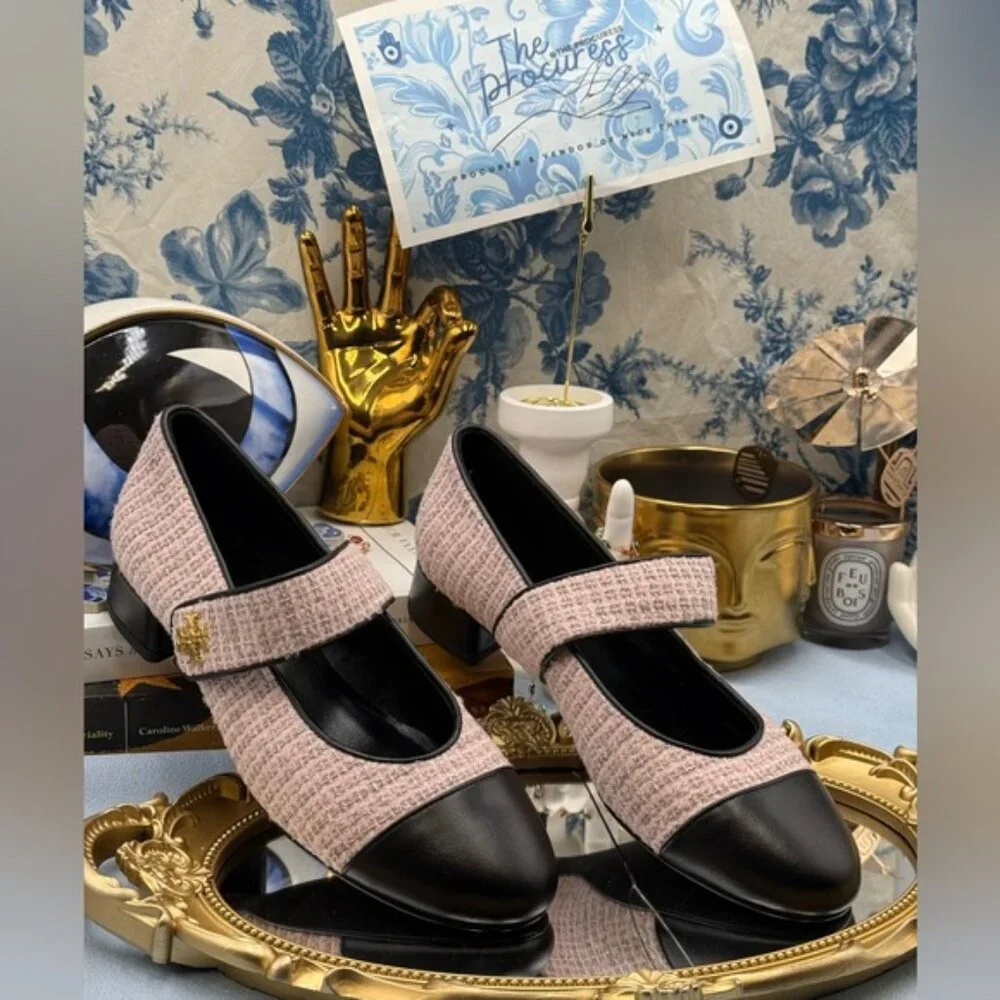 🆕 TORY BURCH 🧿 NWOB Mary Jane Heeled Ballet Flat, Pink Tweed, Sz 7.5 *SAMPLE*